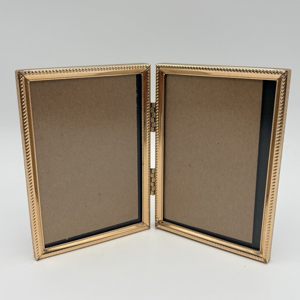 Vintage MCM Ornate Gold Tone Metal Frame Floral Bifold Picture Frame 5 x 3.5"
